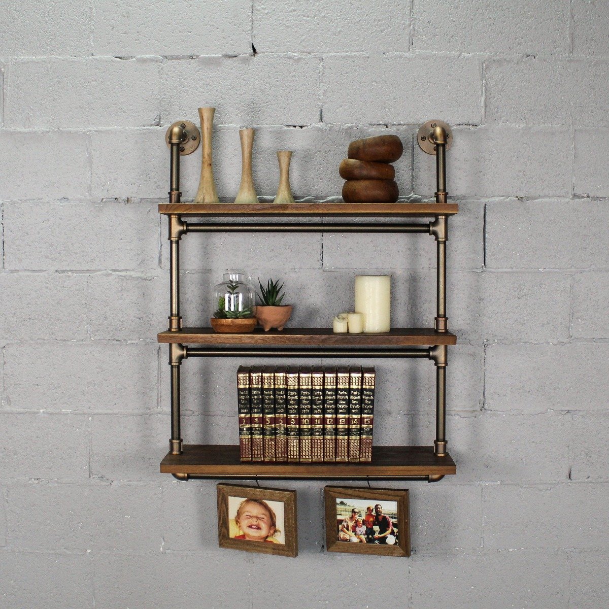 Tts301-bz-bz-br Juneau Industrial Chic 30 Wide 3-tier Wall Mounted Etagere Bookcase, Rustic Bronze Combo With Light Brown Stained Wood