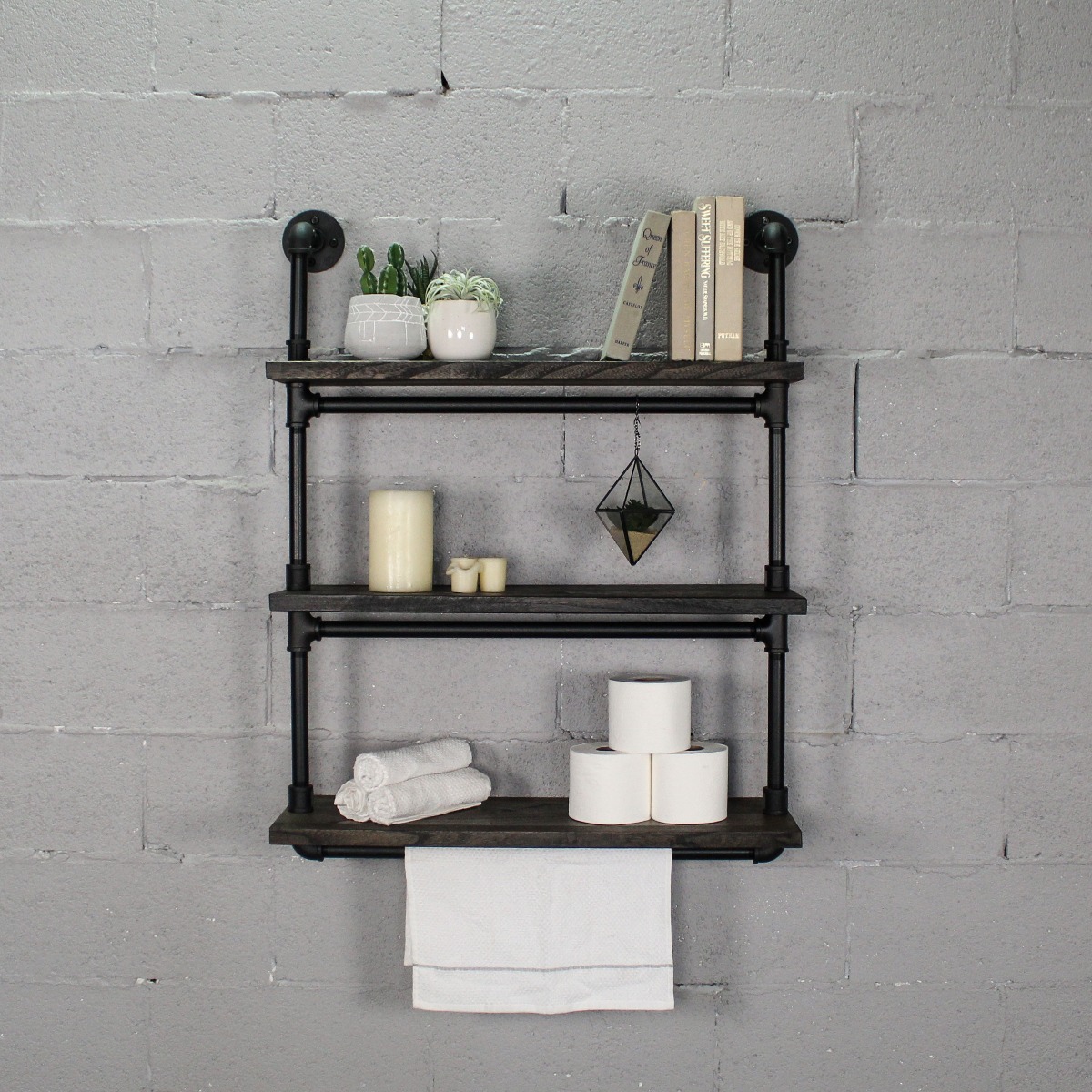 Tts301-bl-bl-bl Juneau Industrial Chic 30 Wide 3-tier Wall Mounted Etagere Bookcase, Black Steel Combo With Dark Brown Stained Wood