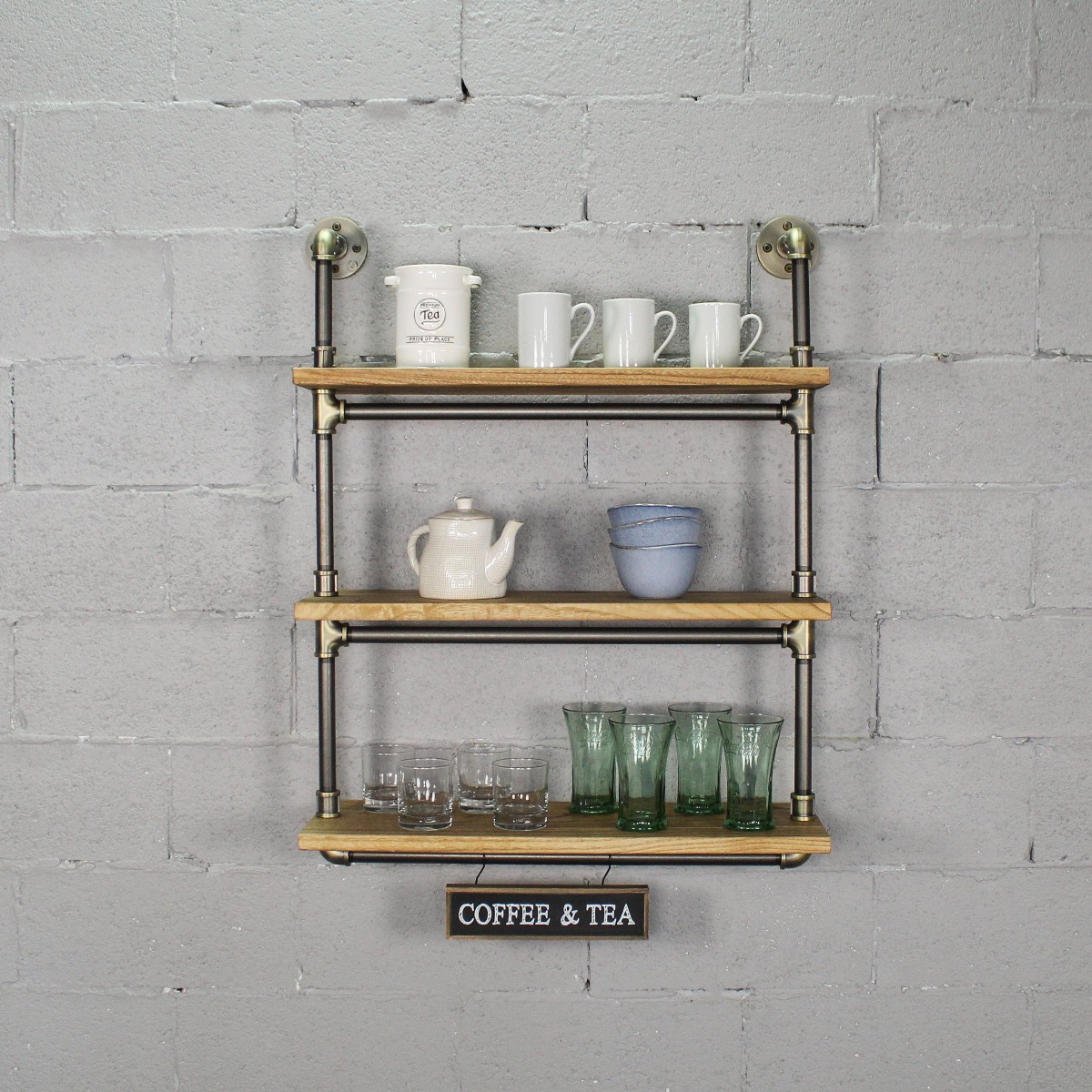 Tts301-br-gr-na Juneau Industrial Chic 30 Wide 3-tier Wall Mounted Etagere Bookcase, Brushed Brass Gray Steel Combo With Natural Stained Wood