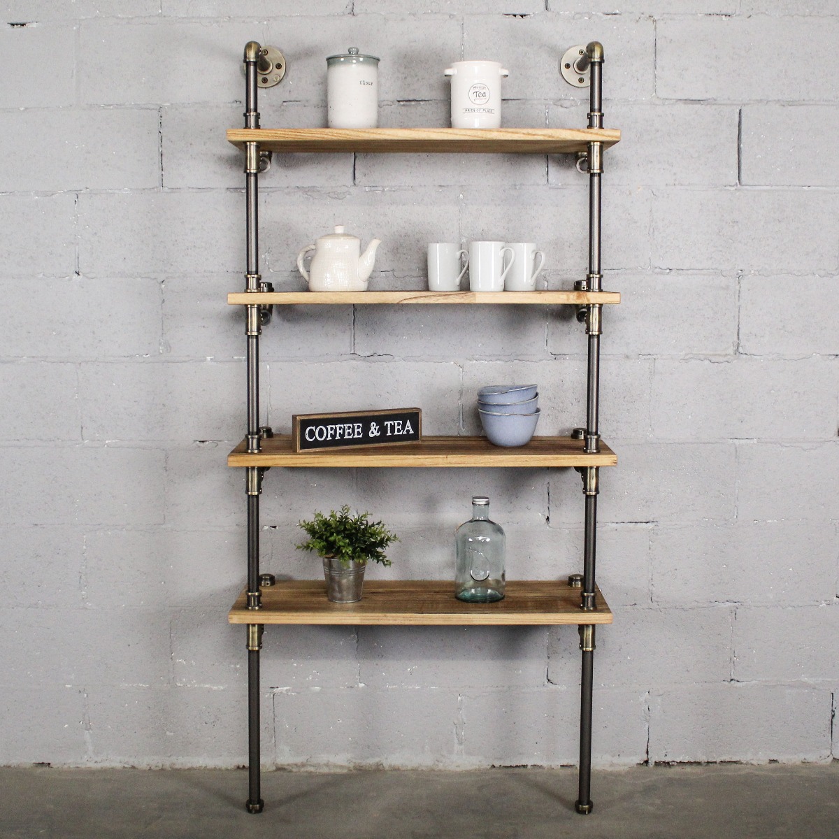 Twbs331-br-gr-na Sacramento Industrial Chic 33 Wide 4-tier Etagere Bookcase, Brushed Brass Gray Steel Combo With Natural Stained Wood