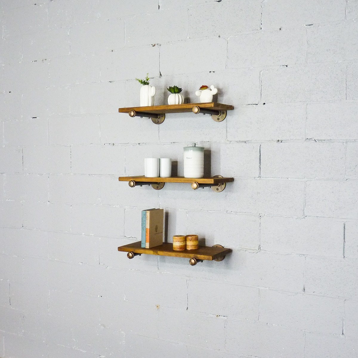 Shlf181x3-bz-bz-br 18 In. Colorado Springs Industrial Farmhouse Wall Shelf Bundle, Rustic Bronze Combo With Light Brown Stained Wood - 3 Piece