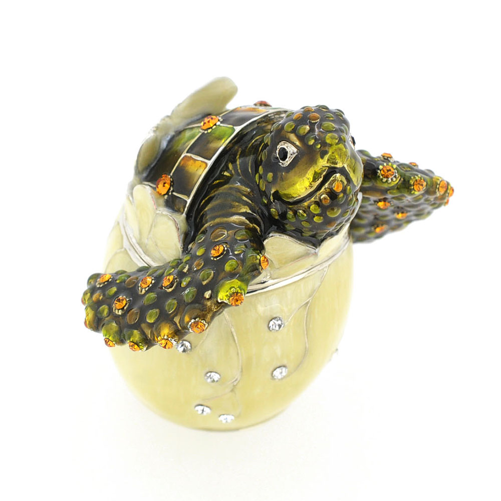 Sea Turtle Hatching From Egg Trinket Box With Swarovski Crystal - Silver - 3.25 X 3.25 In.