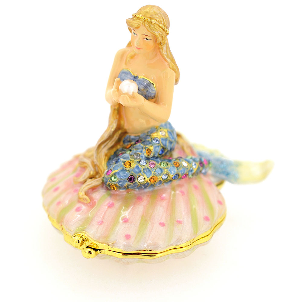 Mermaid On Shell Trinket Box With Swarovski Crystal - Blue - 2.75 X 2.5 In.
