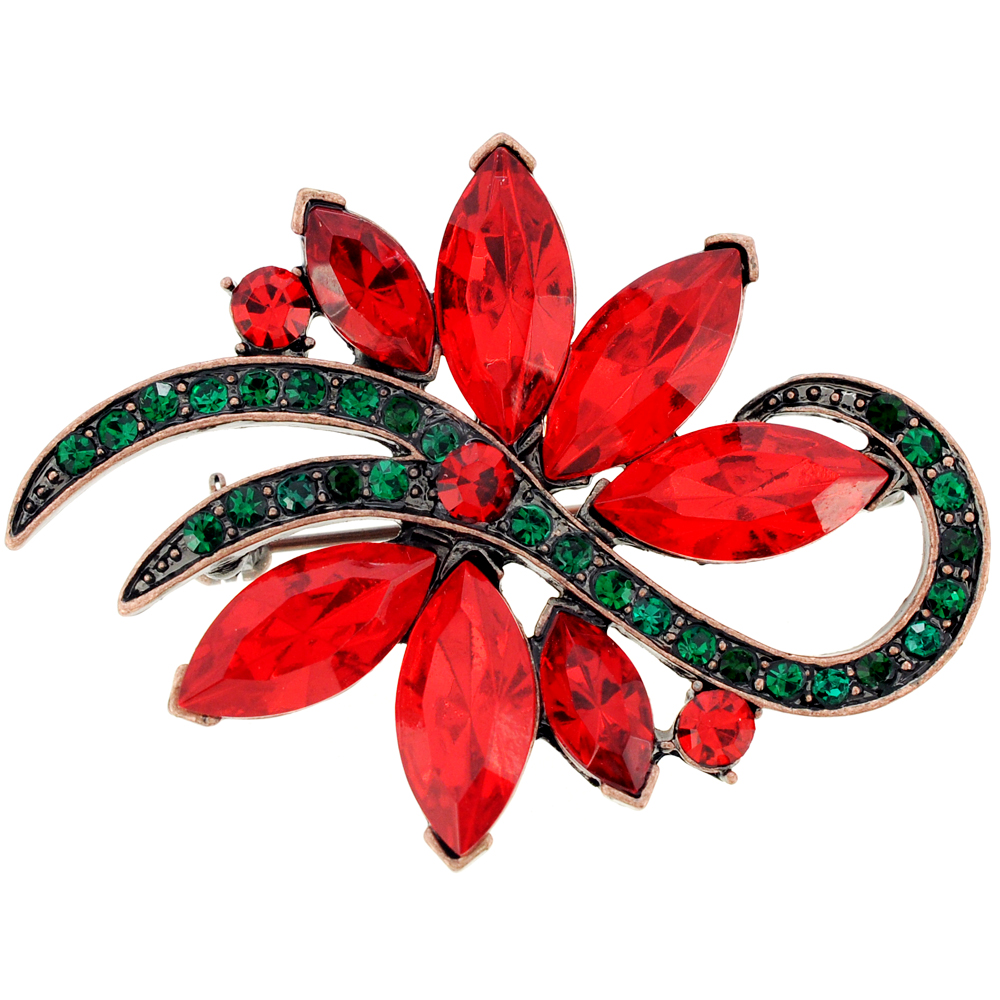 Christmas Poinsettia Flower Crystal Pin Brooch - Red - 1.875 X 1.375 In.