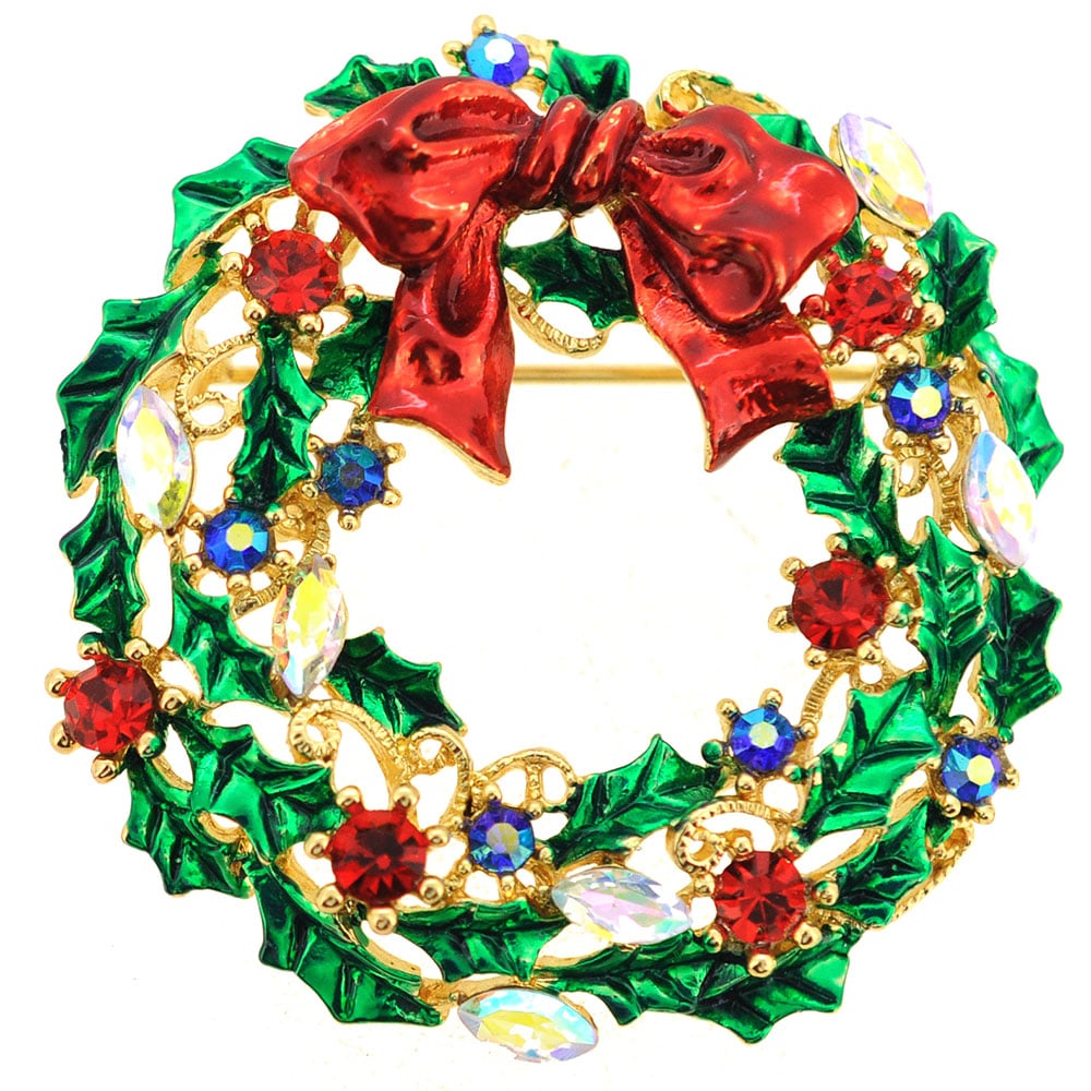 Christmas Bow Wreath Swarovski Crystal Pin Brooch - Multicolor - 1.75 X 1.75 In.