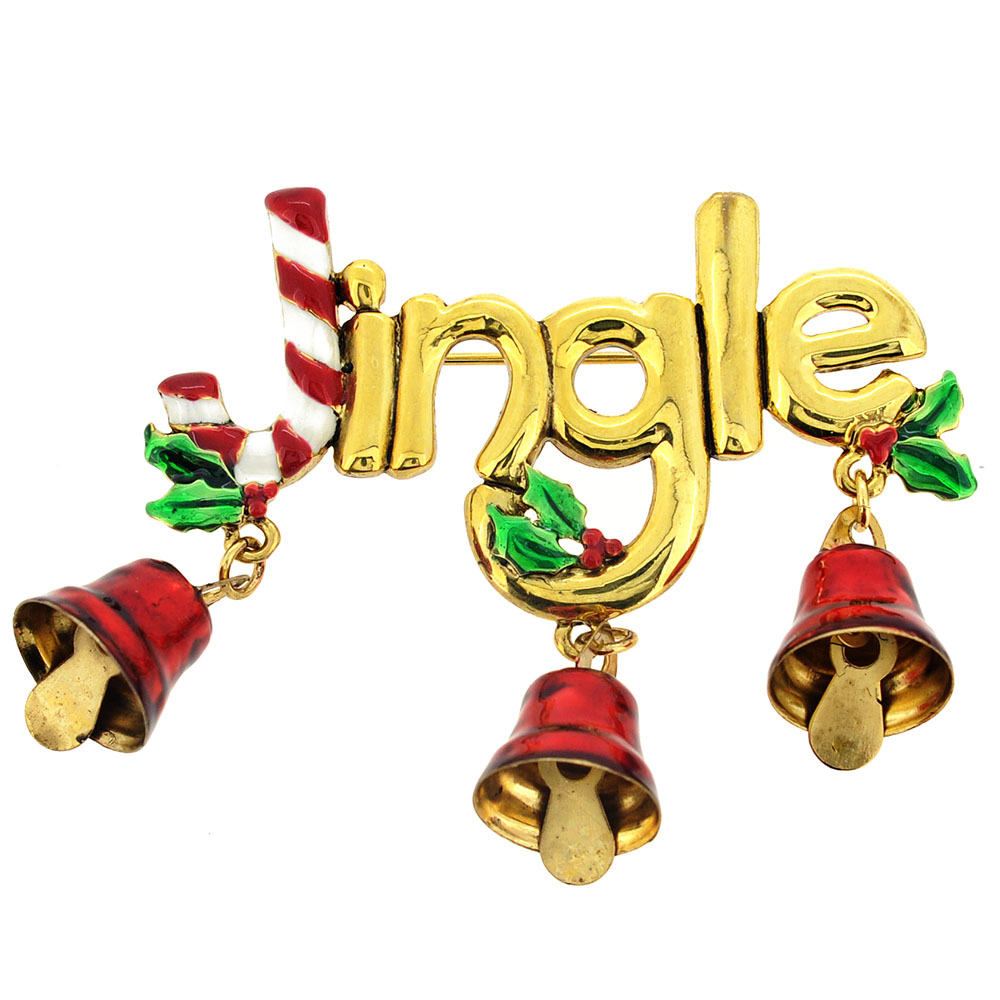 Christmas Jingle Bell Candy Cane Pin Brooch - Silver - 2.5 X 2.125 In.