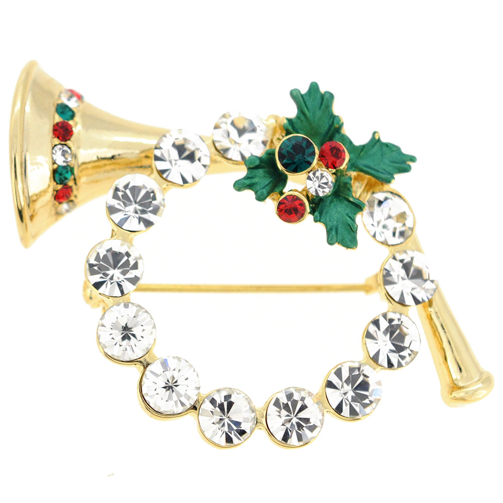 Christmas Horn Wreath Crystal Pin Brooch - Chrome - 1.625 X 1.375 In.