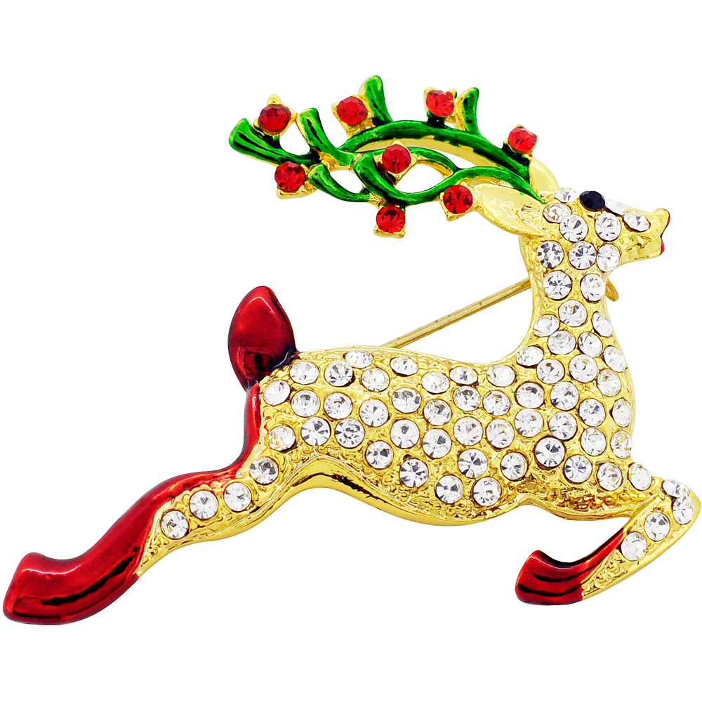 Christmas Reindeer Crystal Brooch Pin - Silver - 2 X 1.75 In.