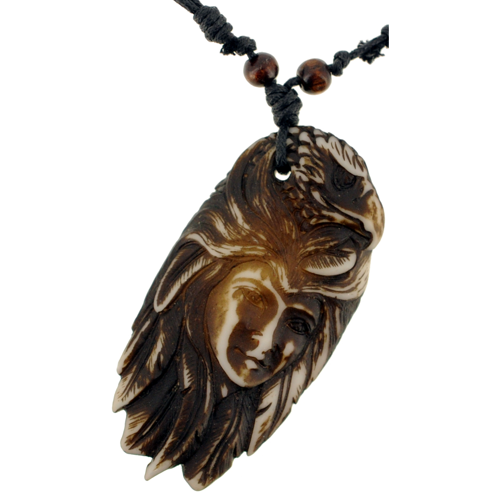 Carved Indian Chief Pendant Necklace - Silver - 1.75 X 2.25 In.