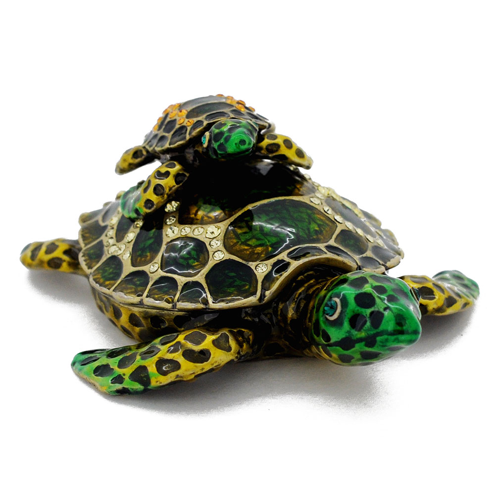 Mother & Baby Sea Turtle Trinket Box With Swarovski Crystal - Silver - 3.255 X 2.625 In.