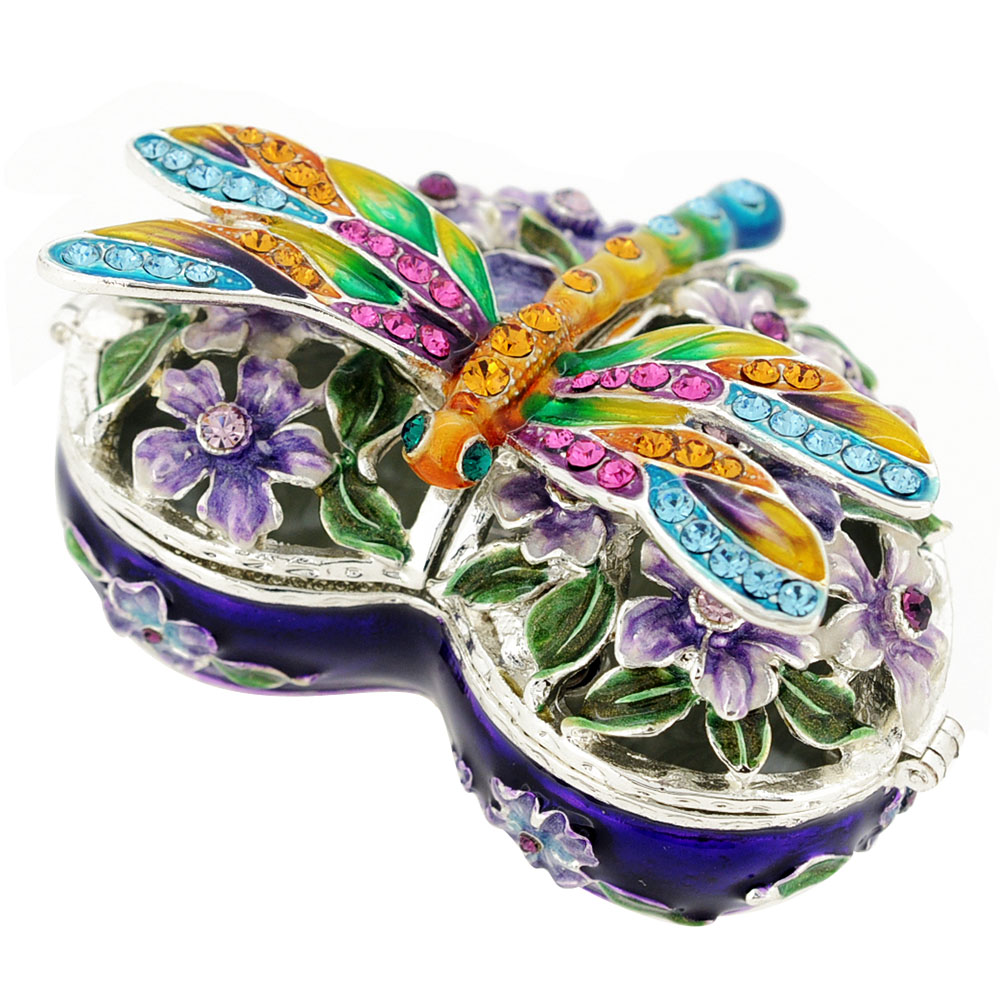 Dragonfly & Flower Heart Trinket Box With Swarovski Crystal - Silver - 2.625 X 2.25 In.