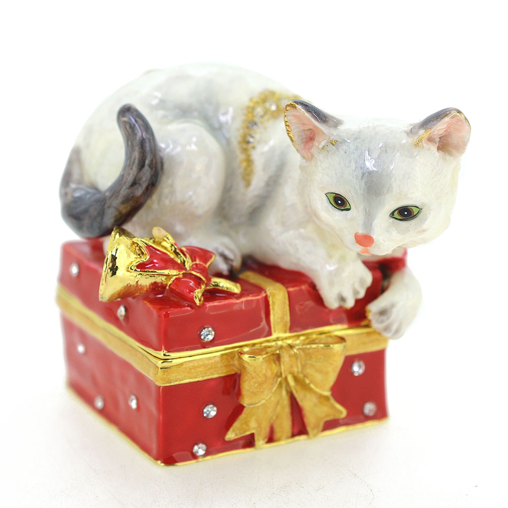 Kitty On Giftbox Christmas Trinket Box - Red - 2.25 X 2.375 In.