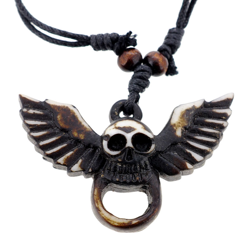 Carved Skull Wings Pendant Necklace - Silver - 2.25 X 1.5 In.