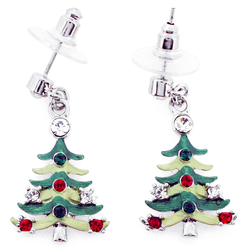 2 Oz Christmas Tree Swarovski Crystal Earrings - Silver - 0.625 X 1 In.