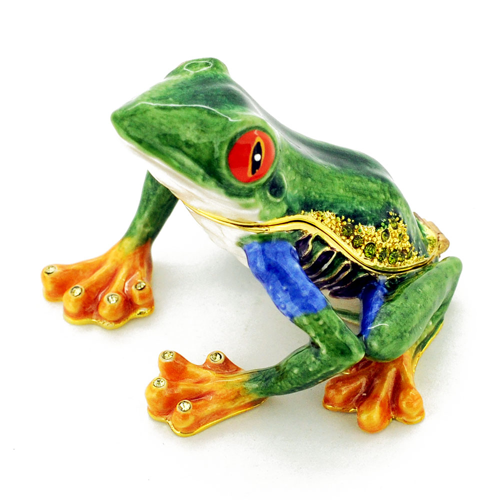 Frog With Eyes Trinket Box With Swarovski Crystal - Green & Red - 2.125 X 2 In.