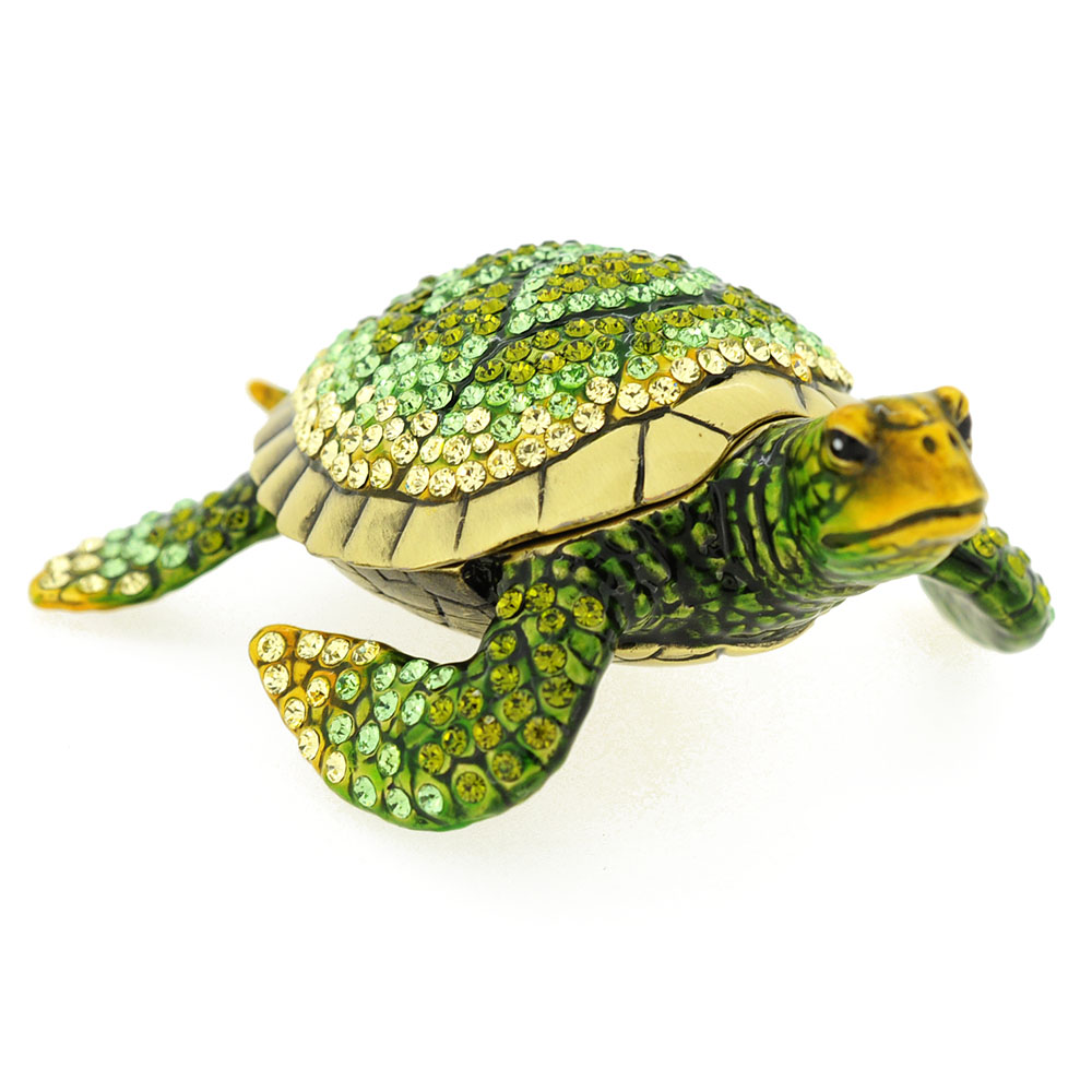 Sea Turtle Trinket Box With Swarovski Crystal - Green - 3.25 X 1.375 In.