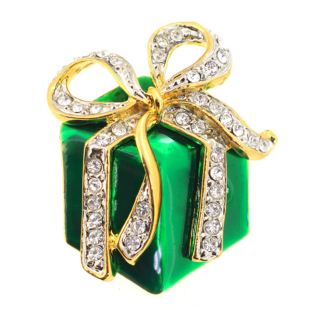 Christmas Giftbox With Gold Bow Brooch Pin - Green - 1.25 X 1.5 In.