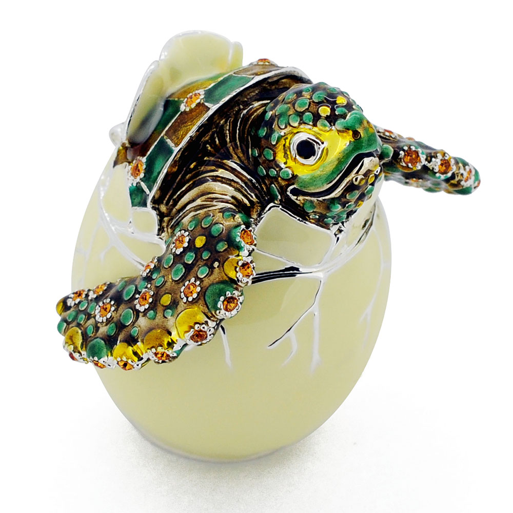 Baby Sea Turtle Hatching From Egg Trinket Box With Swarovski Crystal - Silver - 2.5 X 2.5 In.