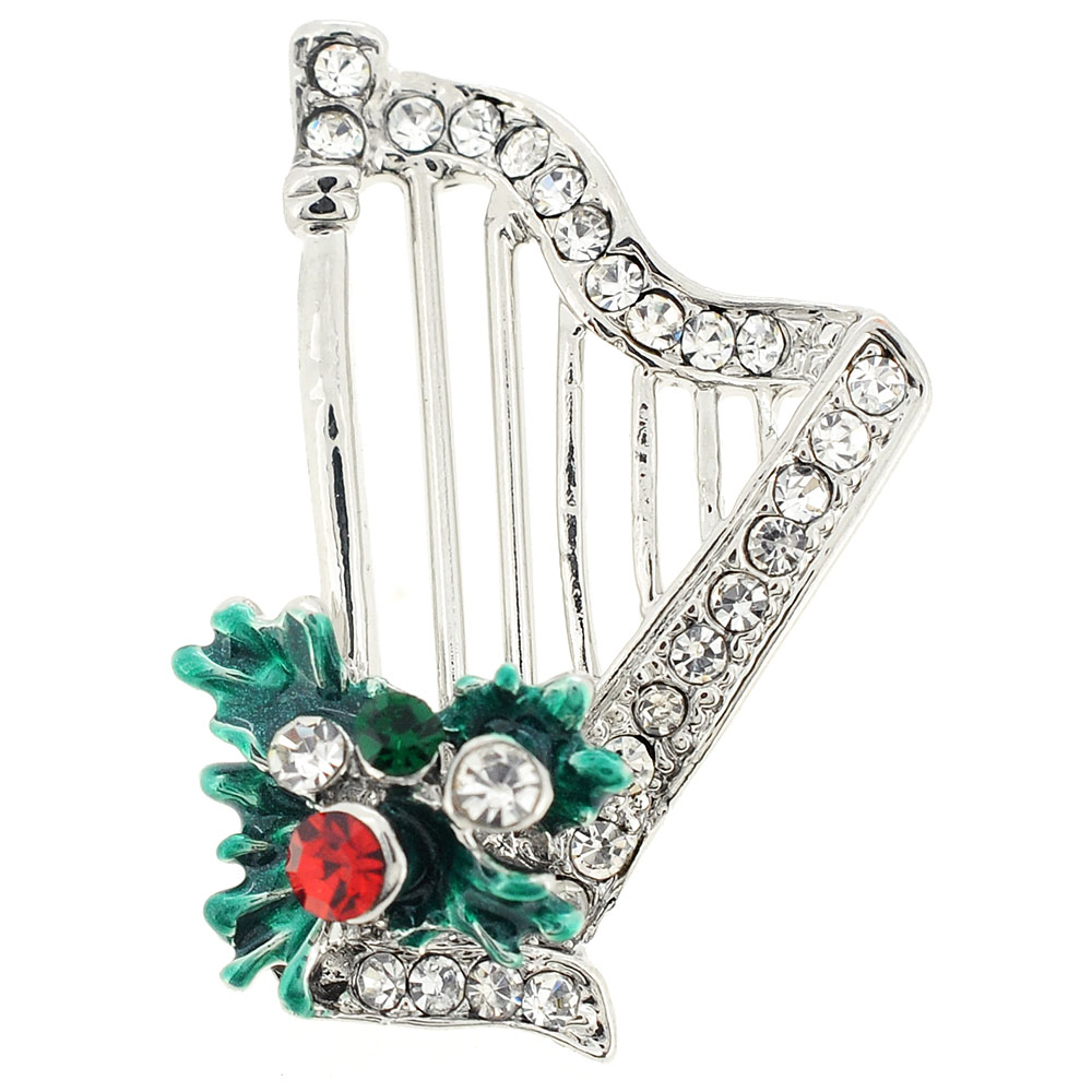 Christmas Mistletoe Harp Crystal Lapel Pin - Chrome - 0.875 X 1.25 In.