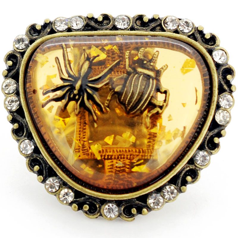 Brass Insect In Amber Vintage Style Stretch Ring - Silver - 1.375 X 1.25 In.