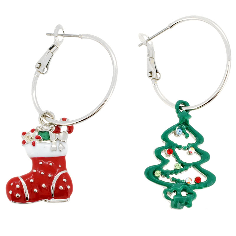 Christmas Stocking & Christmas Tree Swarovski Crystal Earrings - Silver