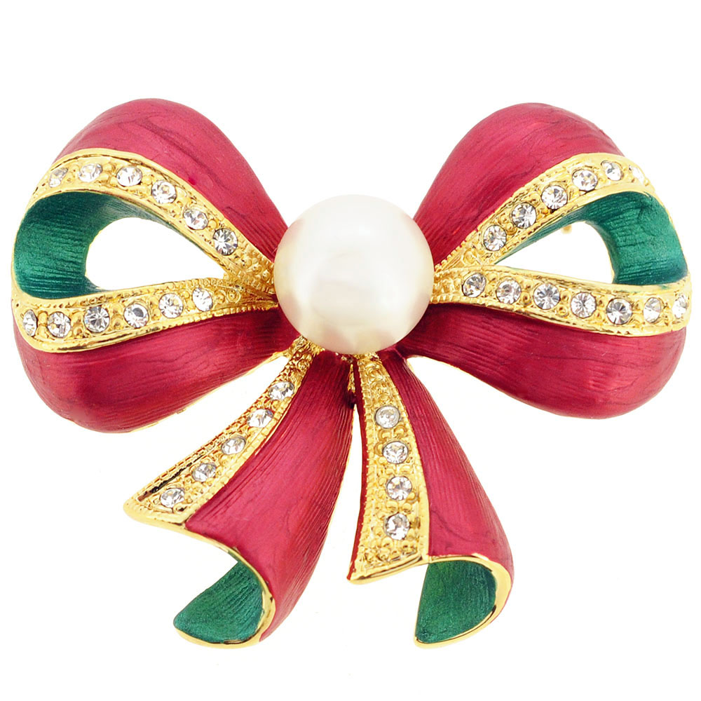 Christmas Pearl Bow Pin Brooch - Silver - 1.75 X 1.375 In.