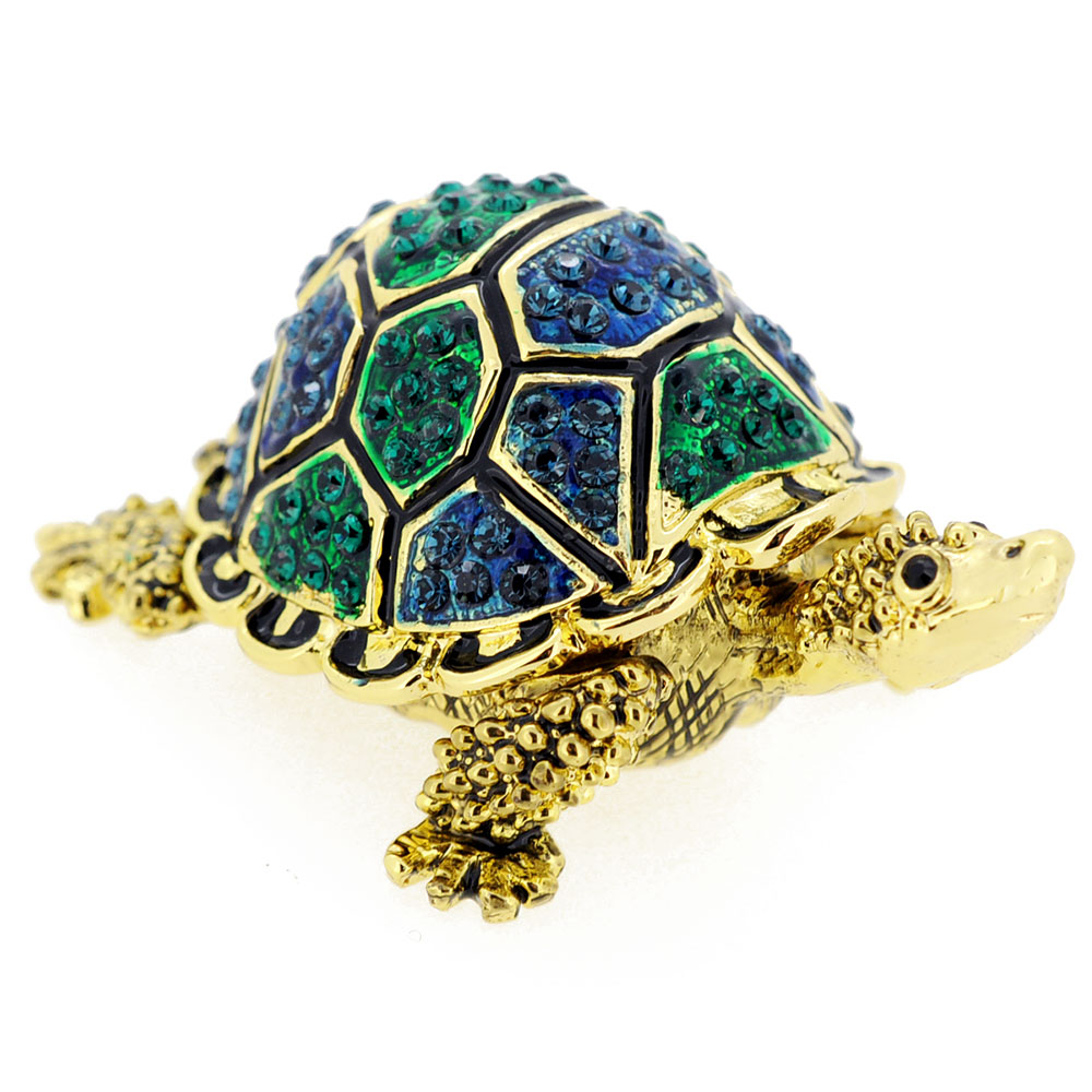 Turtle Trinket Box With Swarovski Crystal - Green & Blue - 3 X 1.625 In.