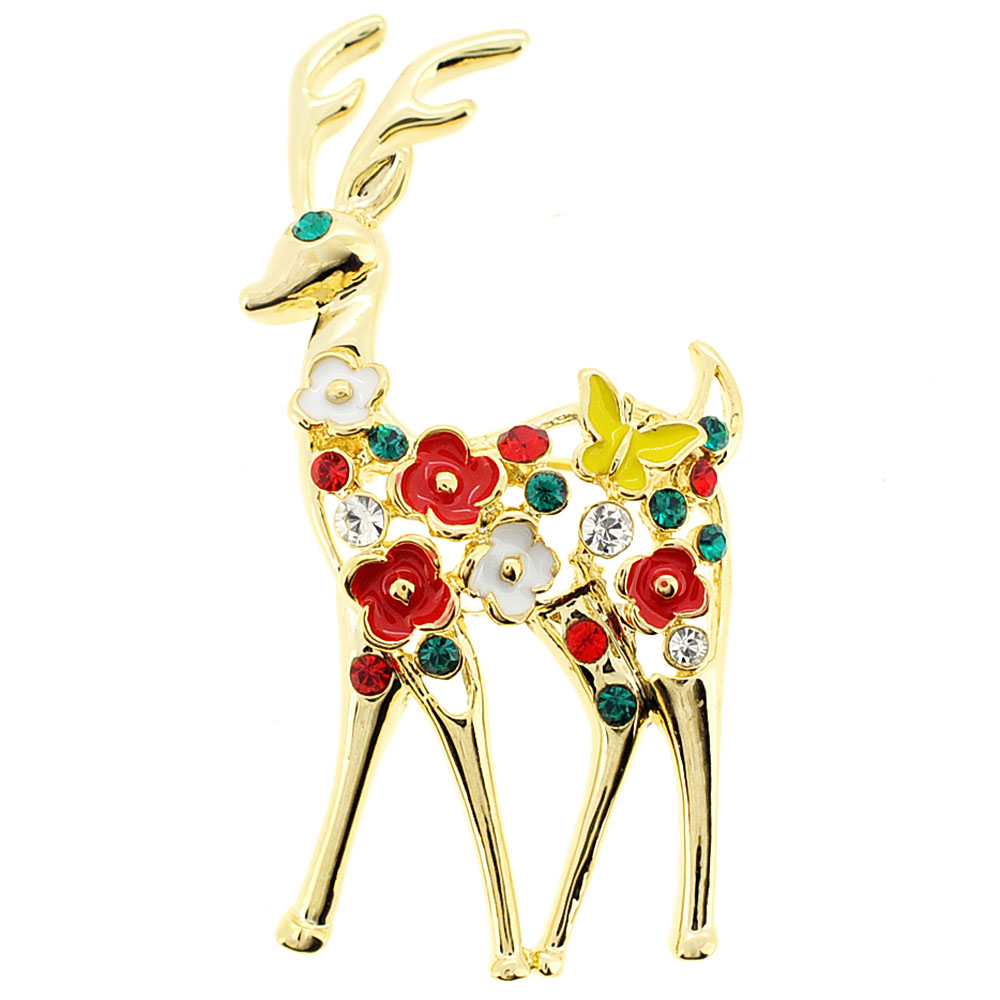 Christmas Reindeer Crystal Pin Brooch - Multicolor - 1 X 1.875 In.