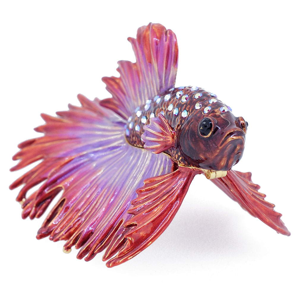 Crowntail Betta Fish Trinket Box With Swarovski Crystal - Red & Purple - 3.5 X 2.25 In.
