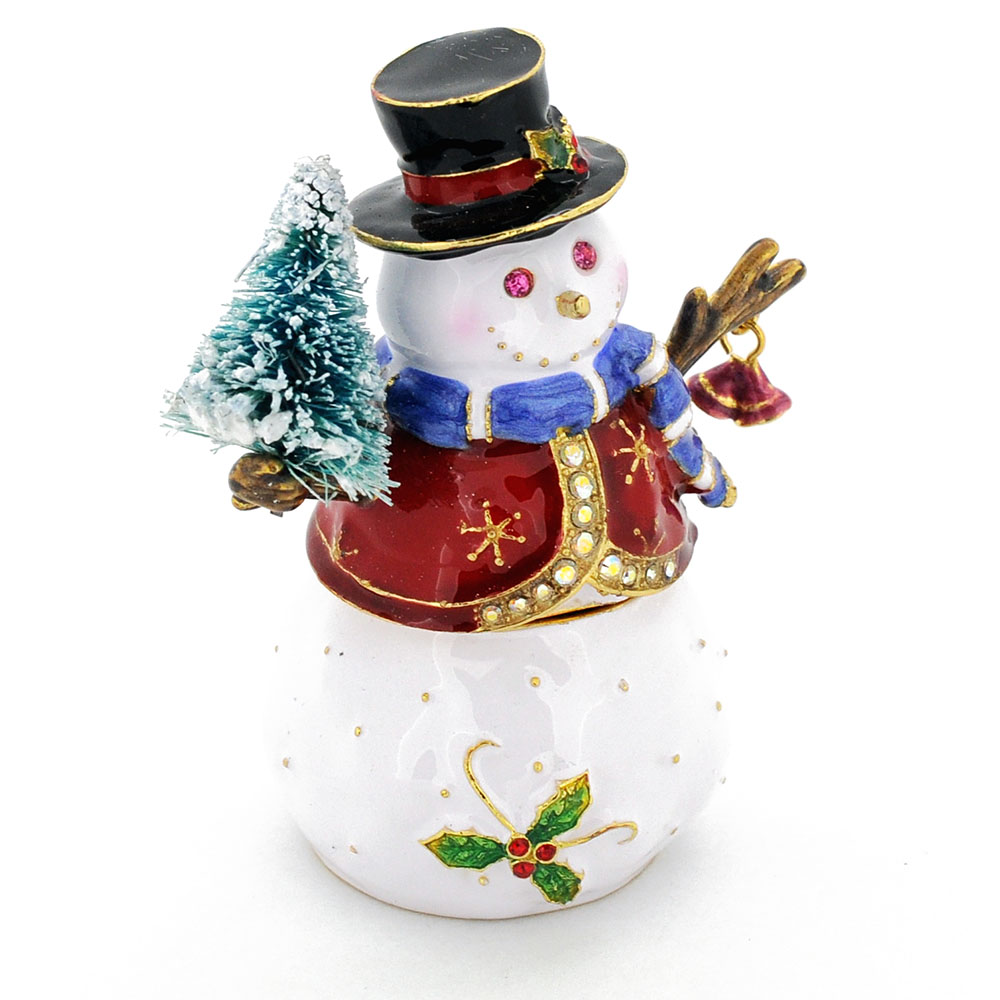 Snowman Holding Christmas Tree Trinket Box With Swarovski Crystal - Silver - 2.25 X 2.625 In.