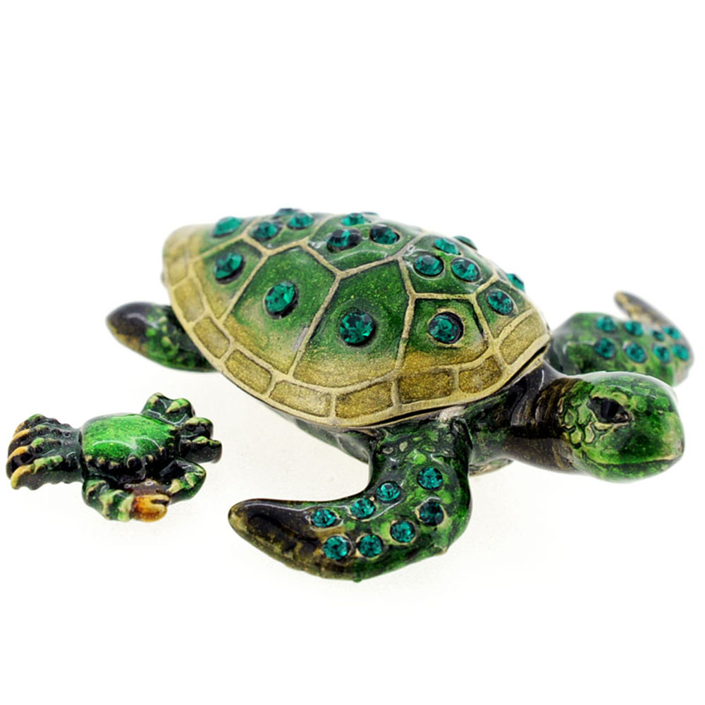 Sea Turtle & Crab Trinket Box With Swarovski Crystal - Silver - 2.25 X 0.75 In.