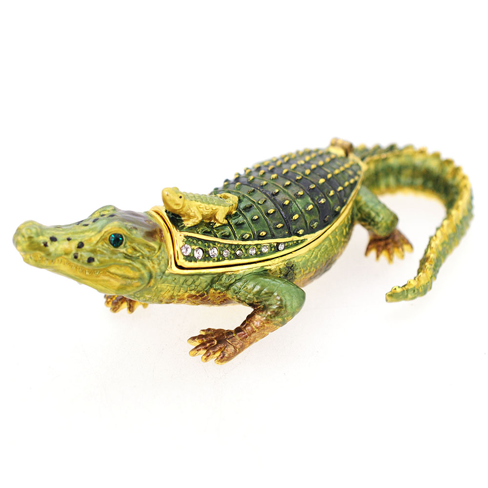 Golden Mother & Baby Crocodile Trinket Box With Swarovski Crystal - Green - 4.5 X 1.375 In.