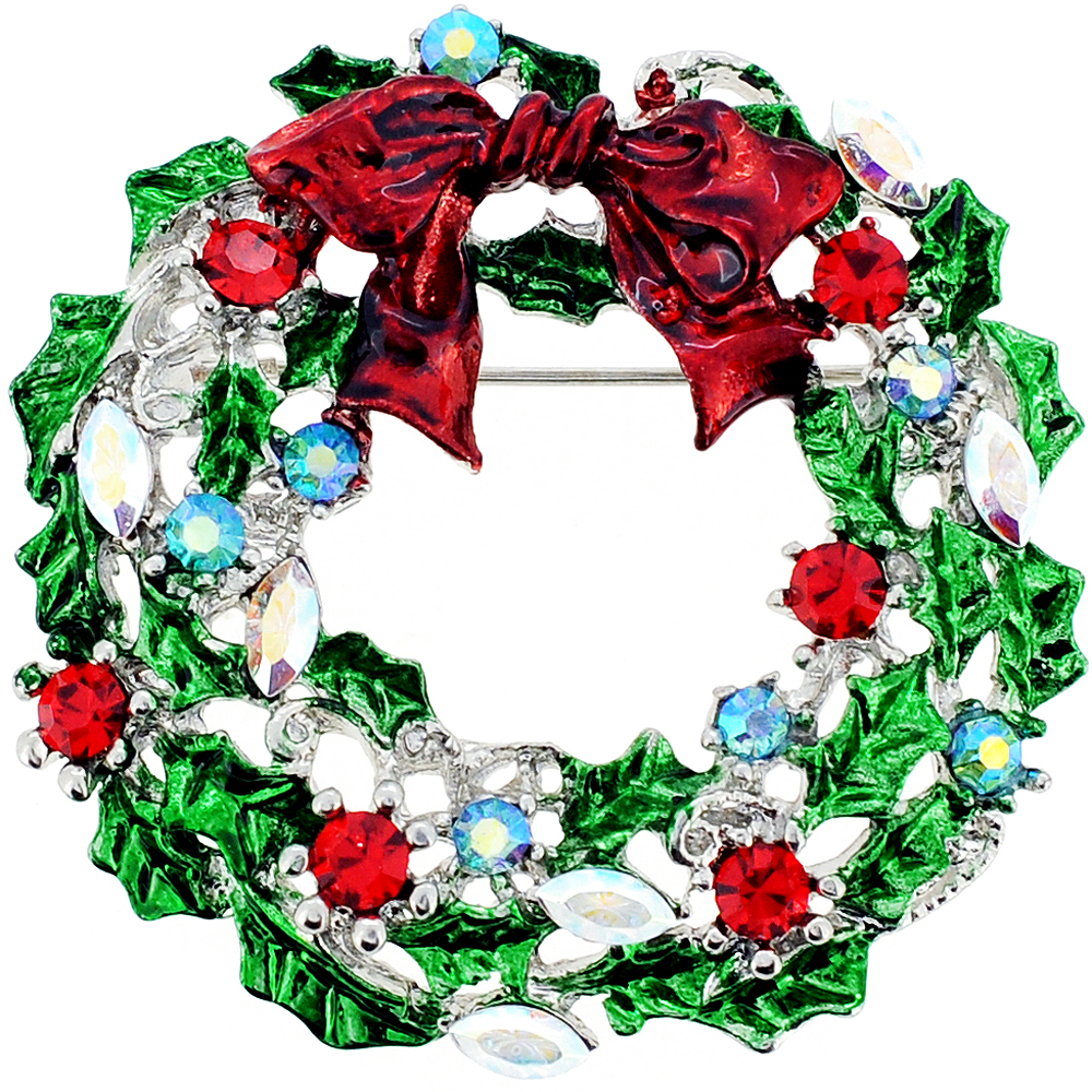 Bow Christmas Wreath Crystal Pin Brooch - Red - 1.75 X 1.75 In.
