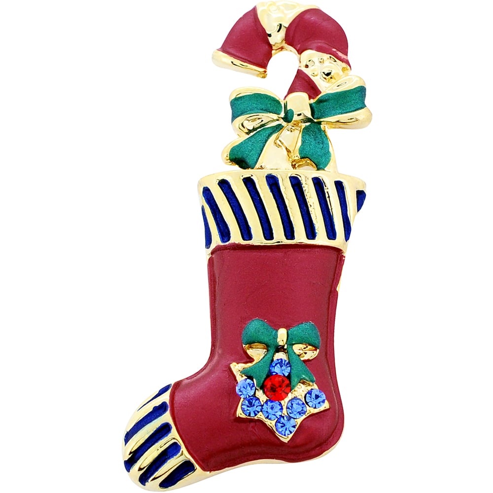 Christmas Stocking With Candy Cane Swarovski Crystal Pin Brooch - Silver - 1 X 2 In.