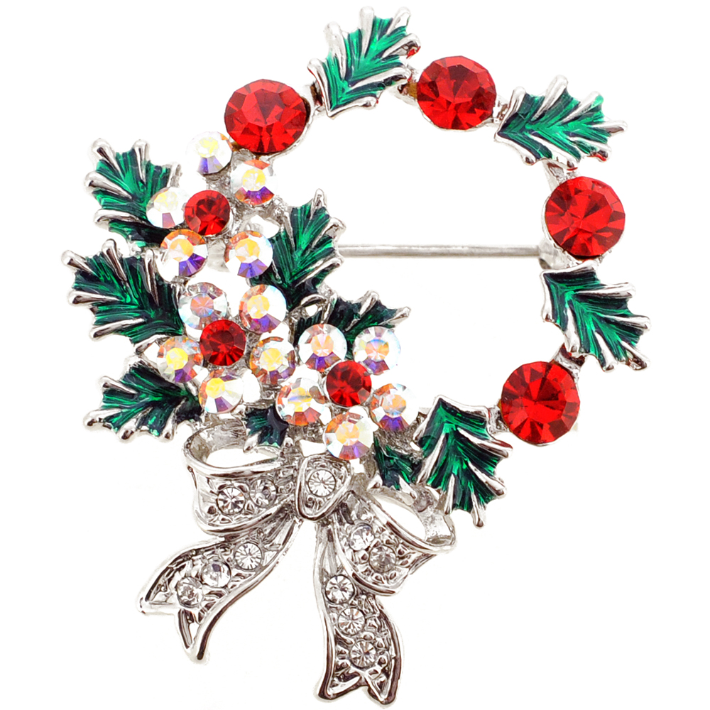 Christmas Wreath Crystal Brooch Pin - Multicolor - 1.5 X 1.43 In.