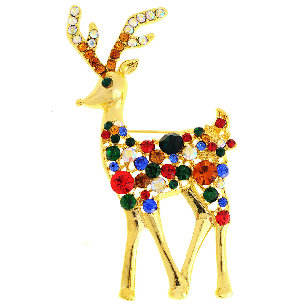 Christmas Reindeer Crystal Pin Brooch - Multicolor - 1.75 X 3.125 In.