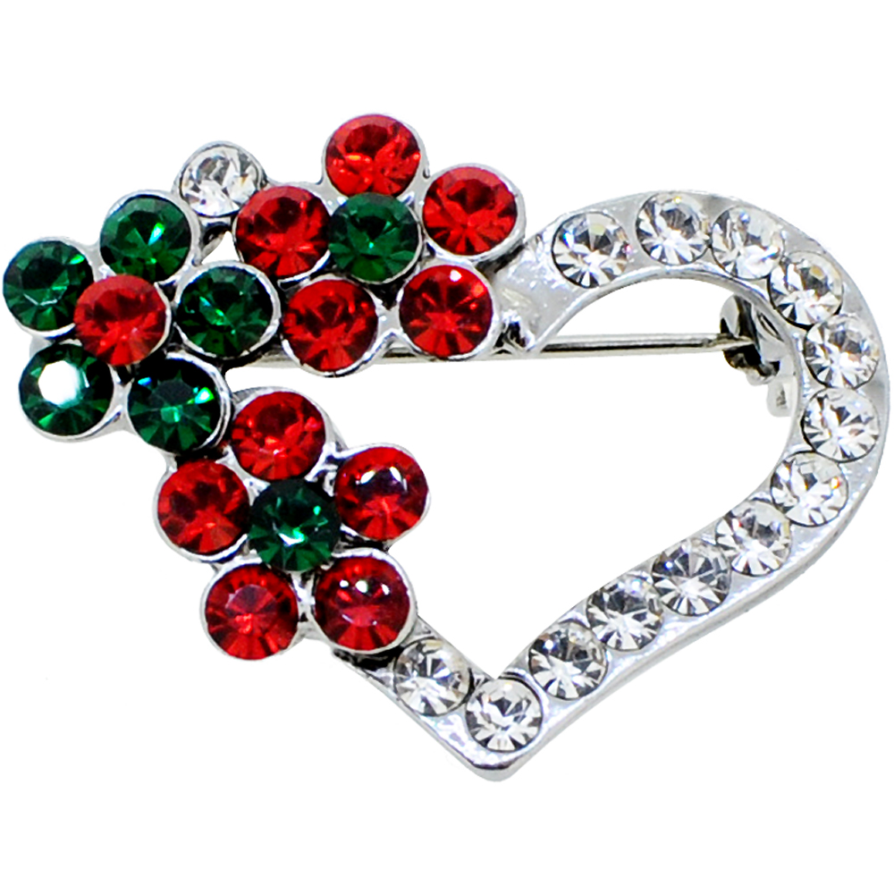 Christmas Heart Swarovski Crystal Pin Brooch - Silver - 1.125 X 0.875 In.