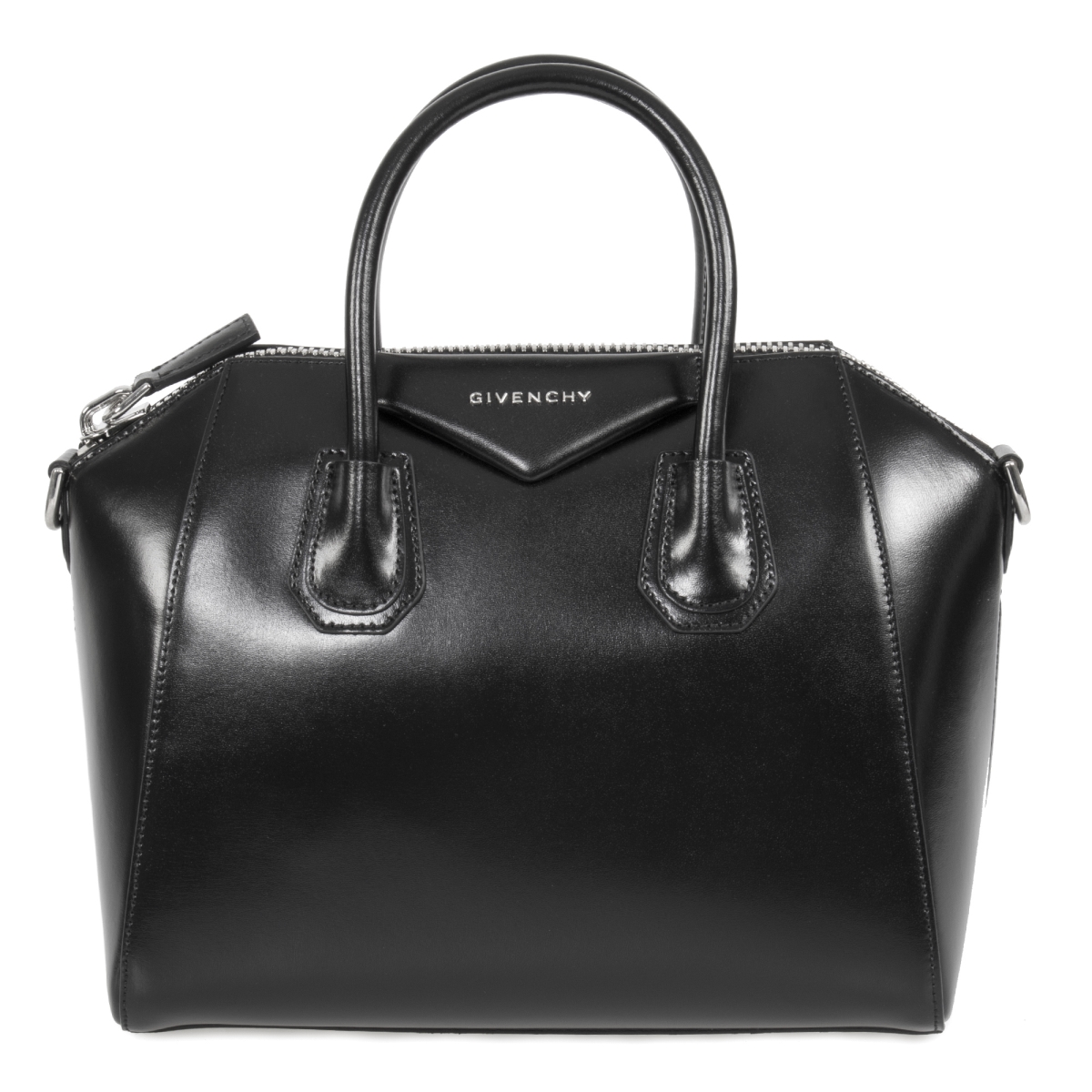 Gvy-hbag-anti-blk-svr-det-s Small Antigona Calfskin Leather Satchel Bag, Black With Silver Hardware