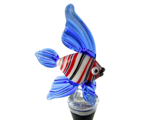 14121 Glass Wine Bottle Fish Stripes, White Red Blue