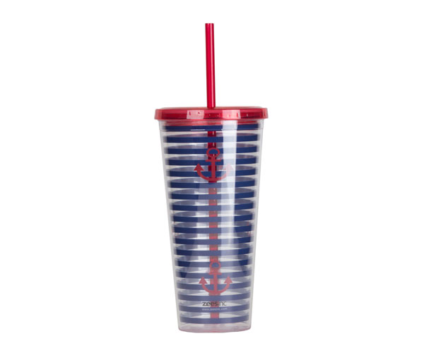 Ac3011 Thirzt 2 Go Tumbler With Lid & Straw - Stripes & Anchors