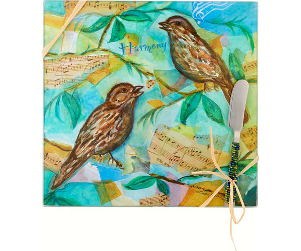 Ls Arts Hs-048 Cheese Board - Bird Harmony - Square 9 In.