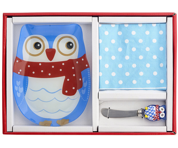 Ls Arts Hs-064 Owl Hostess Set- Includes Glass Serving Plate, Glass Spreader And Napkins