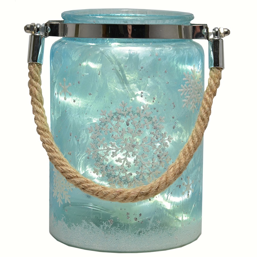Glass Canister Blue Snowflake With Led String Lights