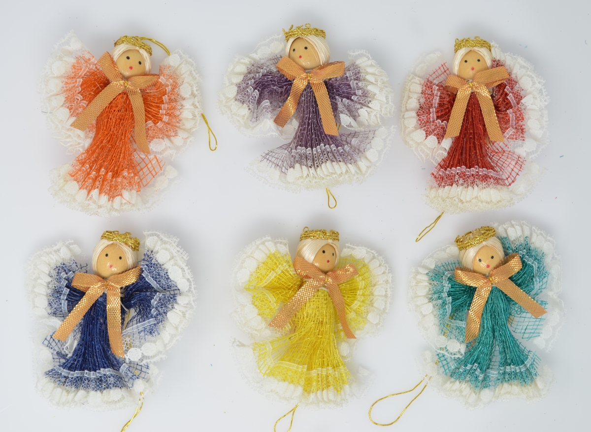 Angel01204 Fan Angel Figurines, 3 In., Assorted Color & Gold Ribbon - 6 Piece