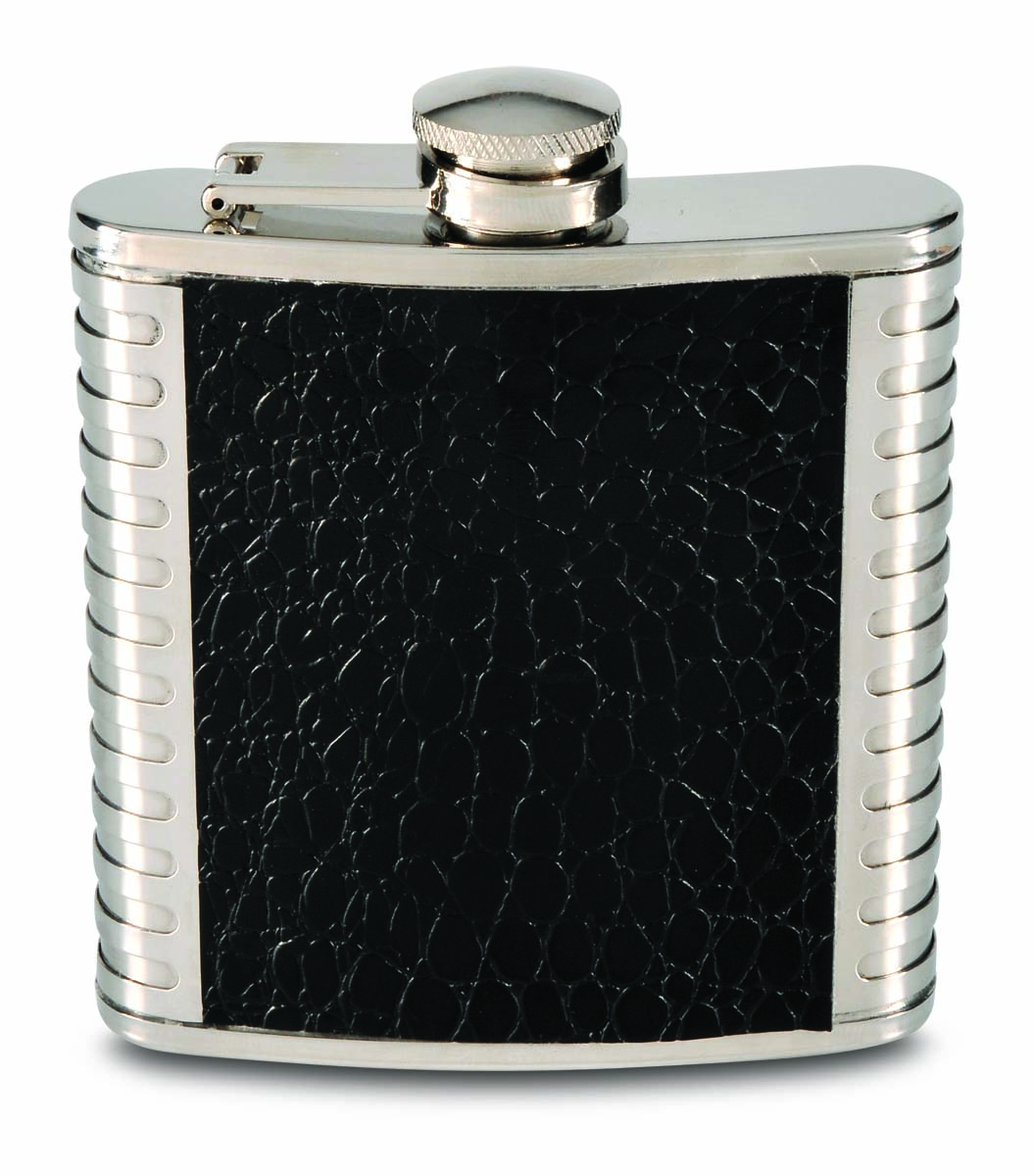 26485 6 Oz Stainless Steel Flask With Fabric & Faux Leather, Black & Metal