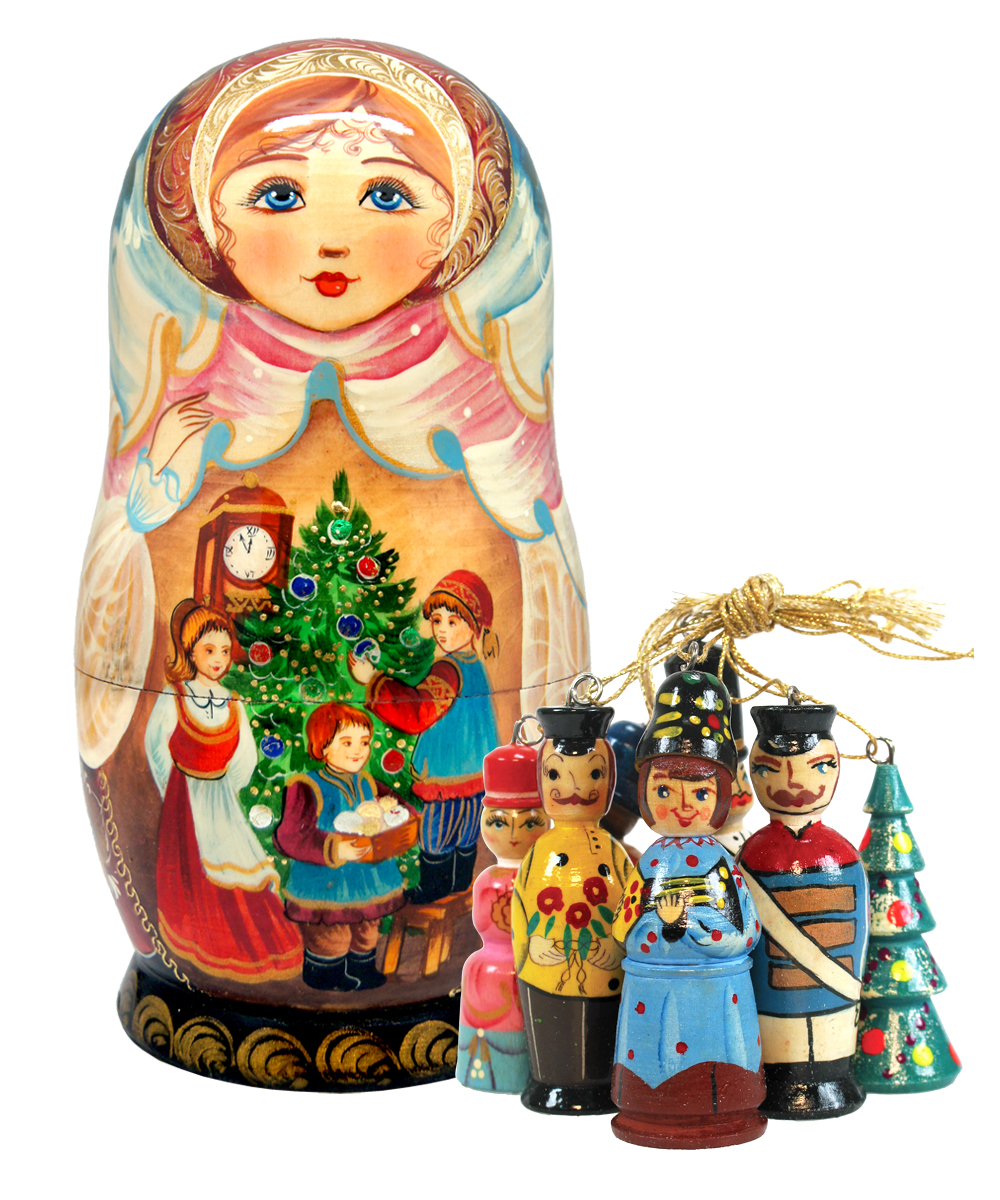 110734 Christmas Night Treasure Surprise Matryoshka Wooden Doll With 5 Ornaments