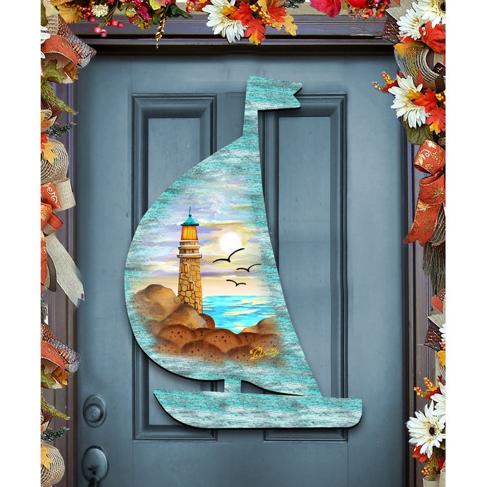 8198524h Lighthouse Scenic Boat Scenic Wooden Decorative Door Hanger