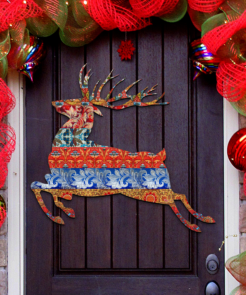 8198211-4h Country Quilted Reindeer Christmas Door Hanger Wall Decor
