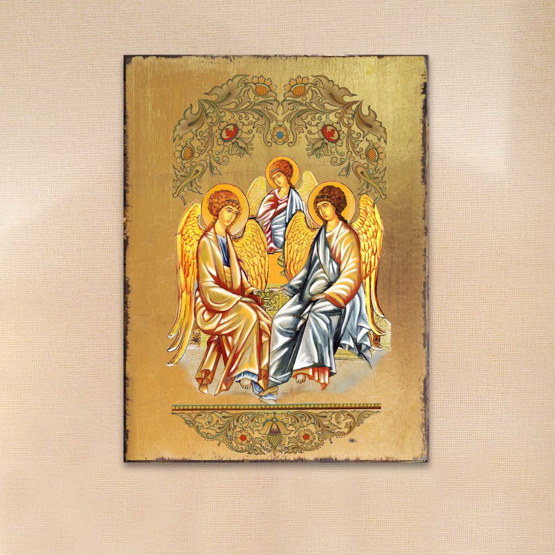 Old Testament Trinity Icon Wall Decor - Gold Plated - 12 x 9 in. - Handcrafted