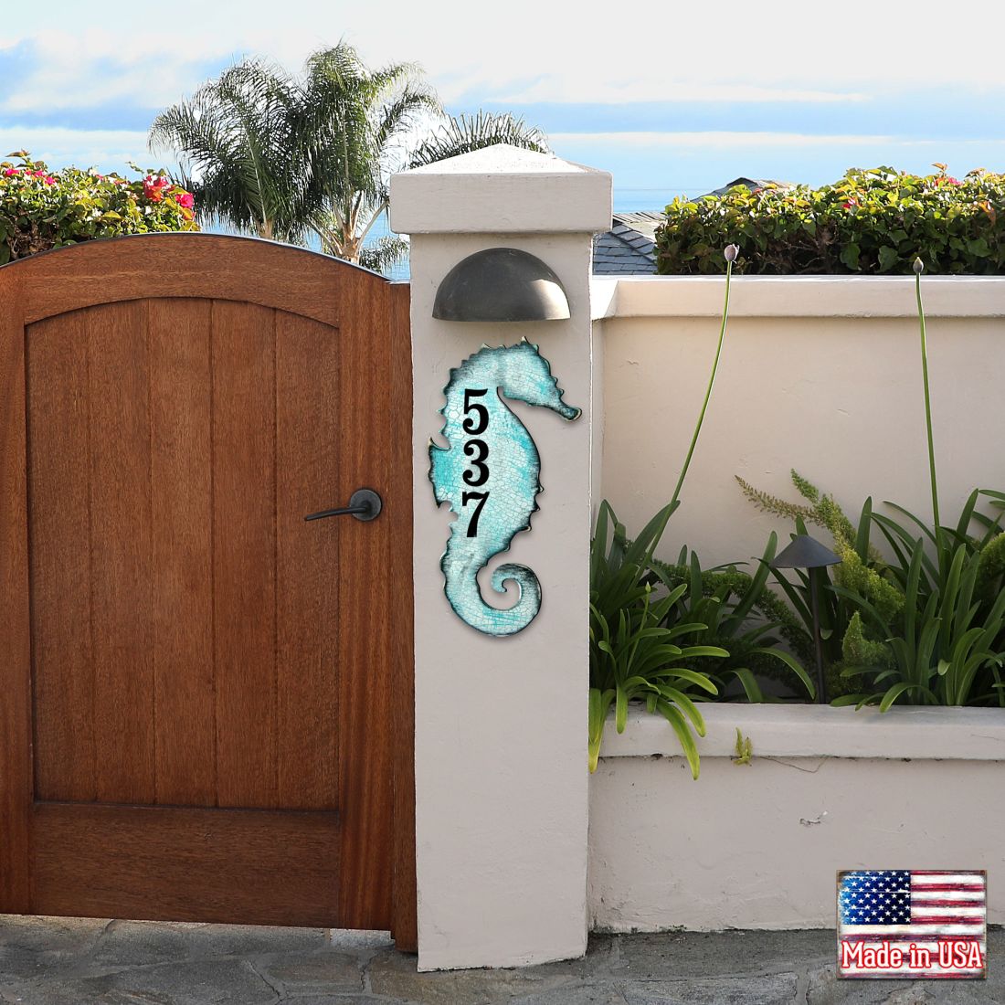 Picture of Designocracy MA98517-12 12 in. Seahorse Coastal Wooden House Number Sign Decor
